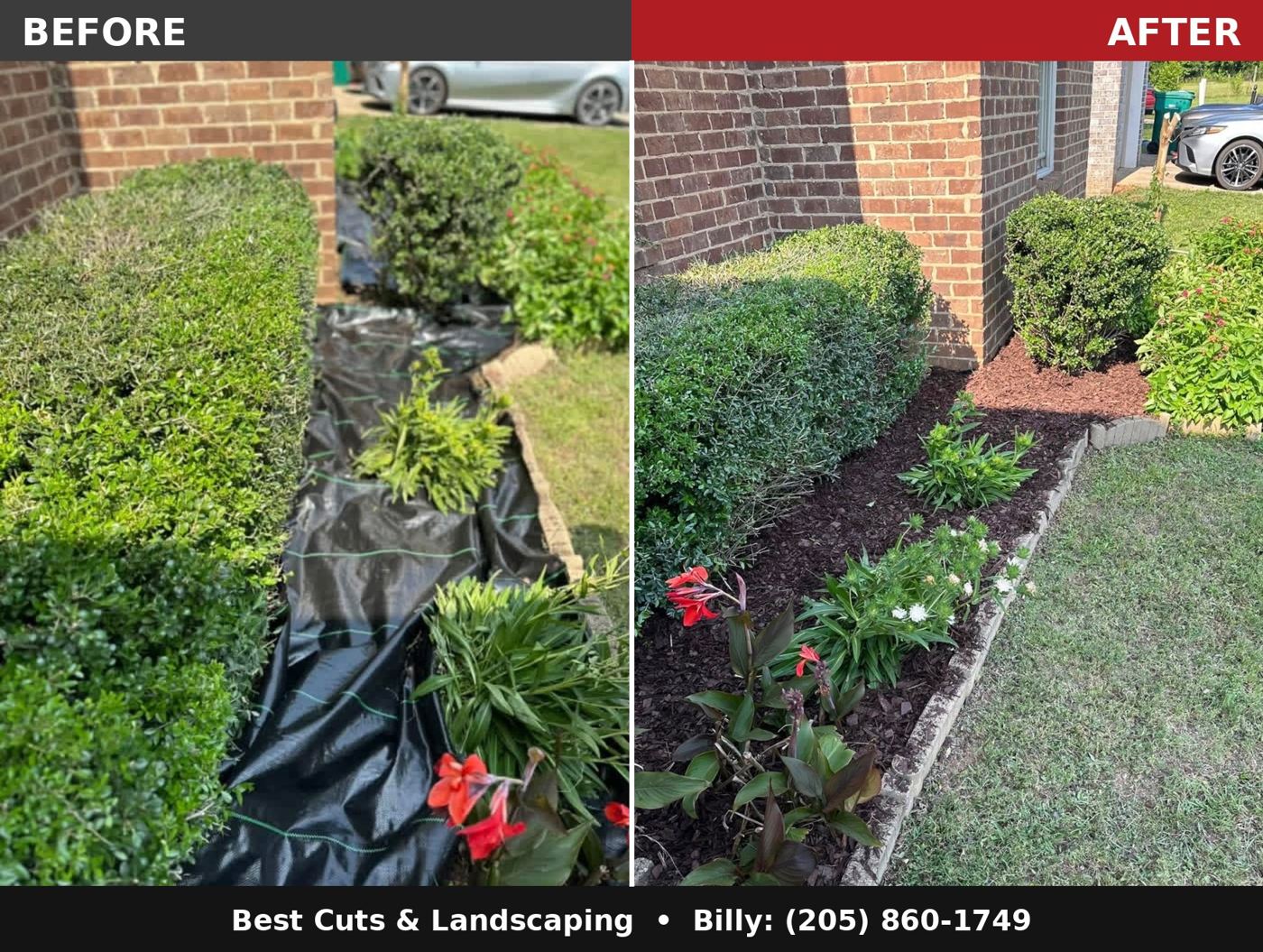 Flower bed before and after a mulch makeover by Best Cuts